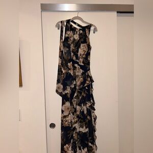 Betsy Adam Asymmetrical Floral Dress in Black and Cream